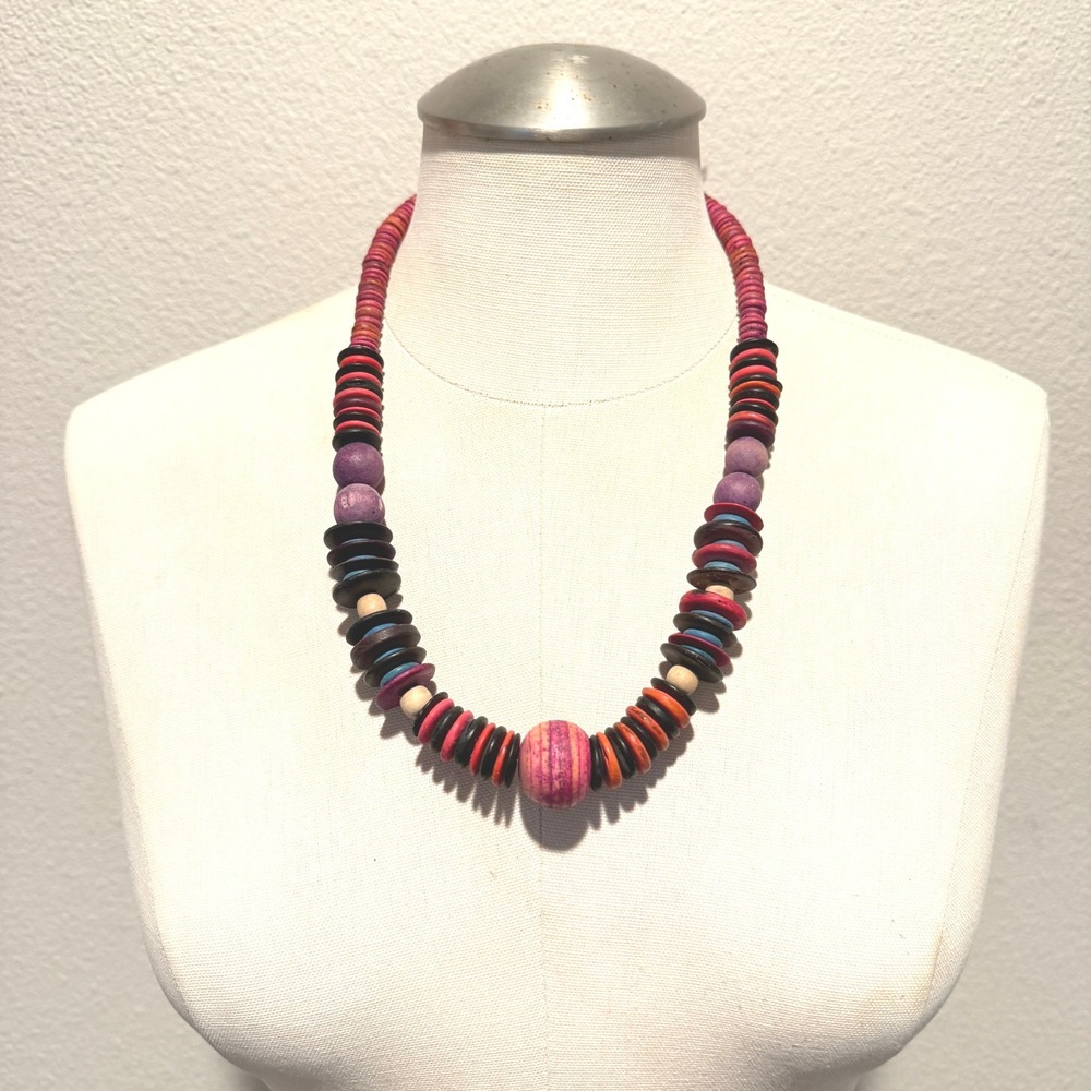 Handcrafted Wood Bead‎ Statement Necklace Multicolor Boho Disc Barrel Clasp